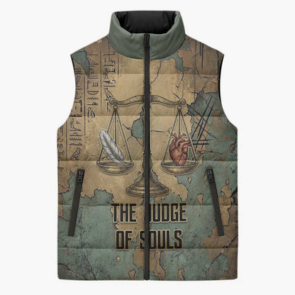 Anubis Sleeveless Puffer Jacket Ancient Egyptian Aged Papyrus, Scales of Justice, and Egyptian Hieroglyph - African Pride