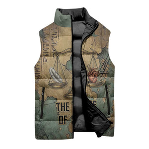 Anubis Sleeveless Puffer Jacket Ancient Egyptian Aged Papyrus, Scales of Justice, and Egyptian Hieroglyph - African Pride