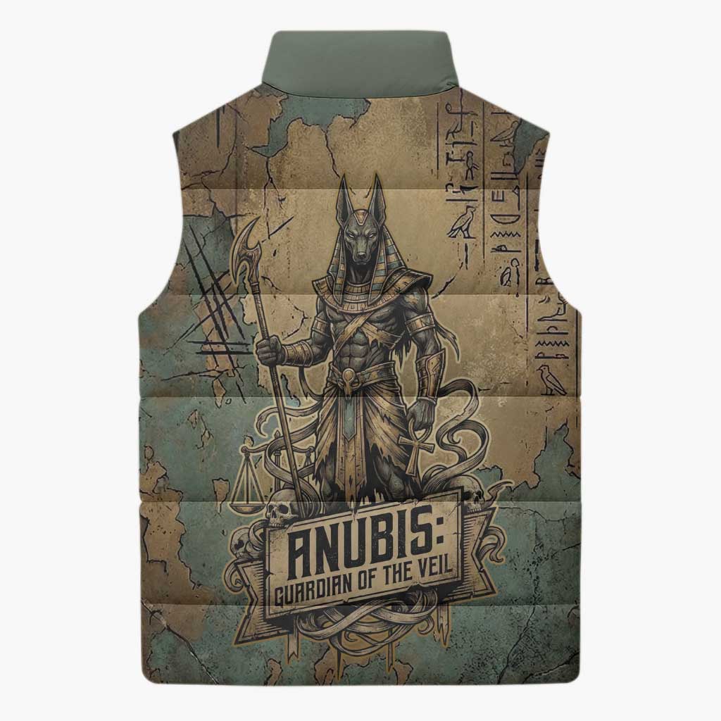 Anubis Sleeveless Puffer Jacket Ancient Egyptian Aged Papyrus, Scales of Justice, and Egyptian Hieroglyph - African Pride