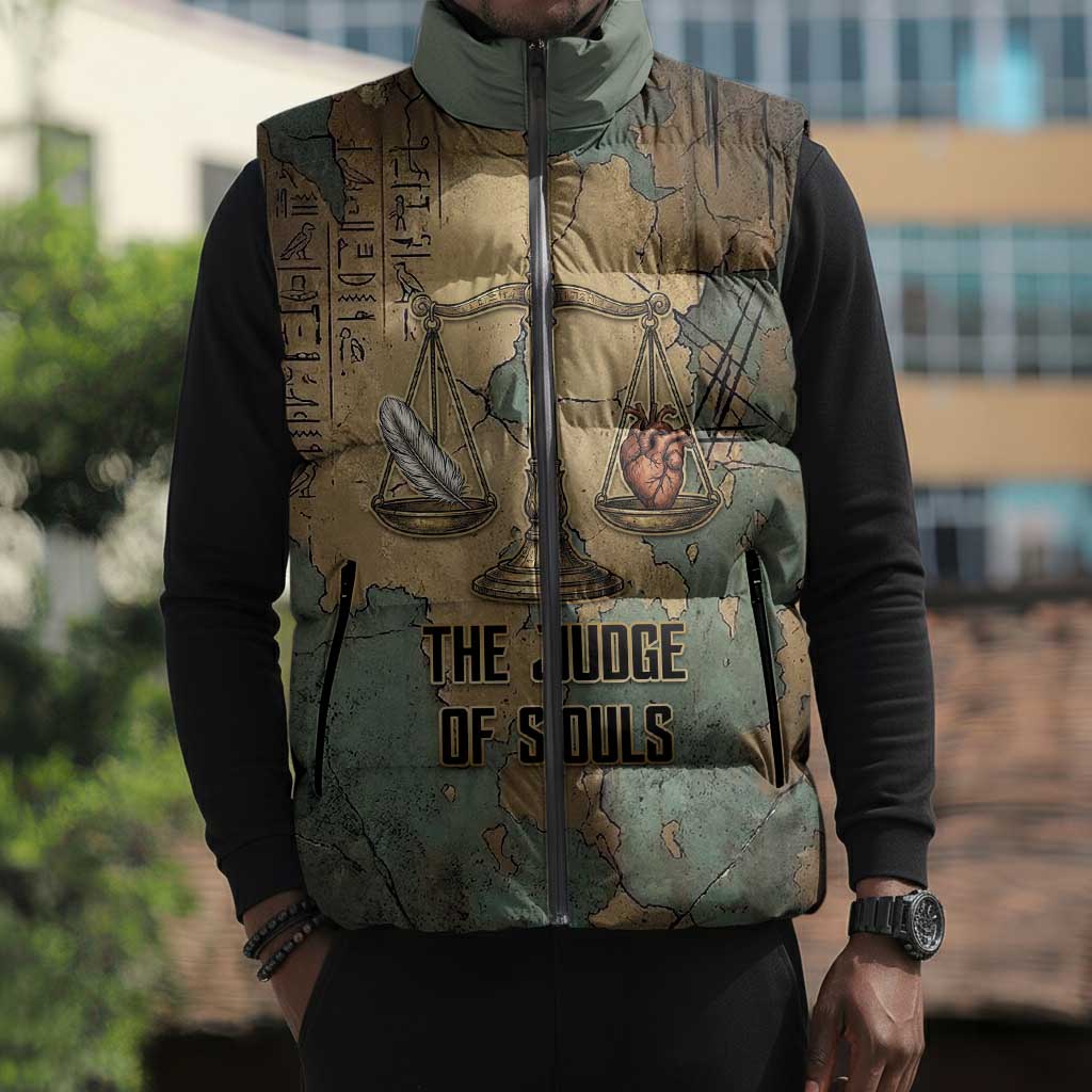 Anubis Sleeveless Puffer Jacket Ancient Egyptian Aged Papyrus, Scales of Justice, and Egyptian Hieroglyph - African Pride