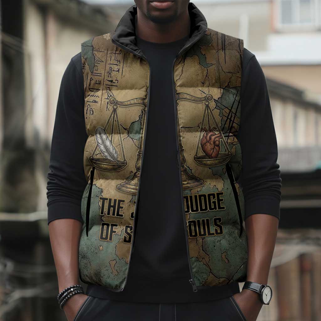 Anubis Sleeveless Puffer Jacket Ancient Egyptian Aged Papyrus, Scales of Justice, and Egyptian Hieroglyph - African Pride