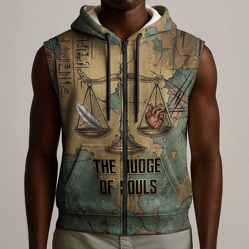 Anubis Sleeveless Zip Hoodie Ancient Egyptian Aged Papyrus, Scales of Justice, and Egyptian Hieroglyph - African Pride
