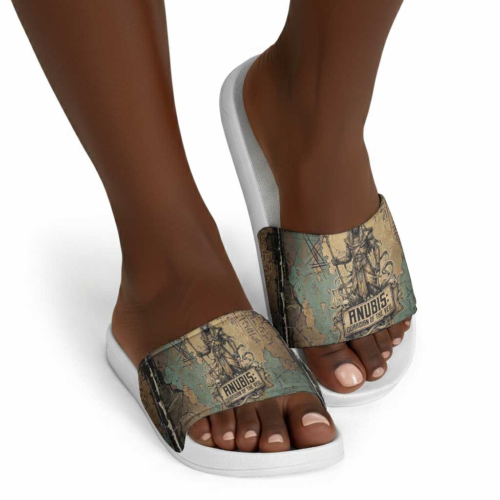 Anubis Slide Sandals Ancient Egyptian Aged Papyrus, Scales of Justice, and Egyptian Hieroglyph - African Pride