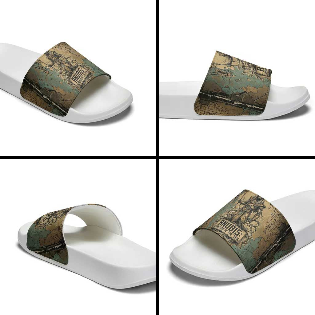 Anubis Slide Sandals Ancient Egyptian Aged Papyrus, Scales of Justice, and Egyptian Hieroglyph - African Pride