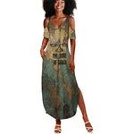 Anubis Summer Maxi Dress Ancient Egyptian Aged Papyrus, Scales of Justice, and Egyptian Hieroglyph - African Pride