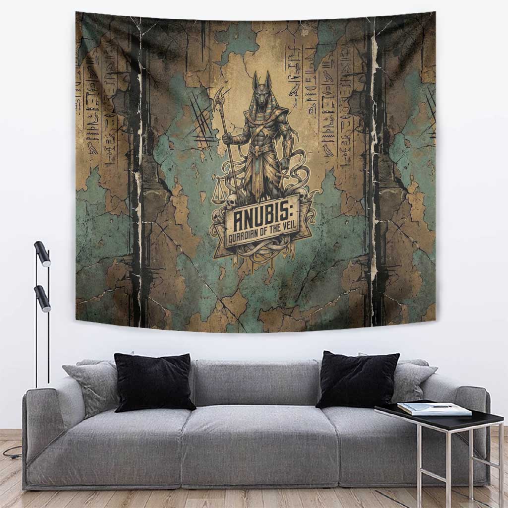 Anubis Tapestry Ancient Egyptian Aged Papyrus, Scales of Justice, and Egyptian Hieroglyph - African Pride
