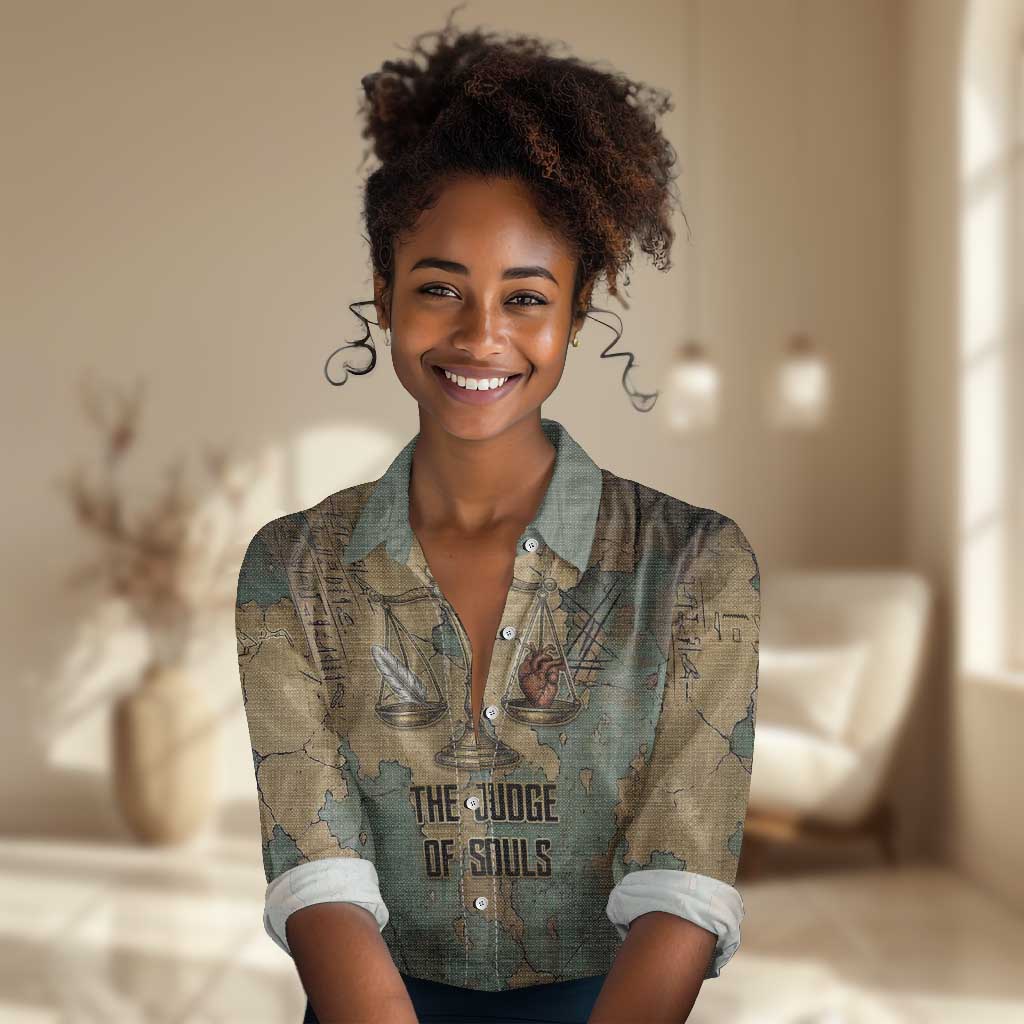 Anubis Women Casual Shirt Ancient Egyptian Aged Papyrus, Scales of Justice, and Egyptian Hieroglyph - African Pride