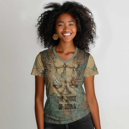 Anubis Women V-Neck T-Shirt Ancient Egyptian Aged Papyrus, Scales of Justice, and Egyptian Hieroglyph - African Pride