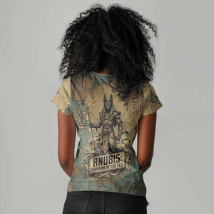 Anubis Women V-Neck T-Shirt Ancient Egyptian Aged Papyrus, Scales of Justice, and Egyptian Hieroglyph - African Pride