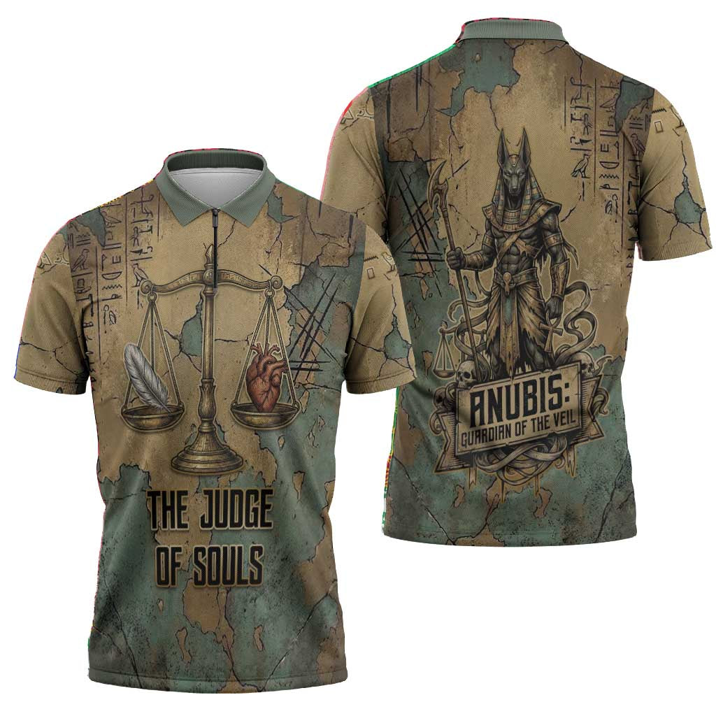 Anubis Zipper Polo Shirt Ancient Egyptian Aged Papyrus, Scales of Justice, and Egyptian Hieroglyph - African Pride