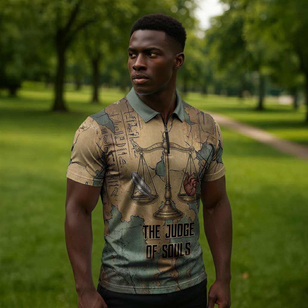Anubis Zipper Polo Shirt Ancient Egyptian Aged Papyrus, Scales of Justice, and Egyptian Hieroglyph - African Pride