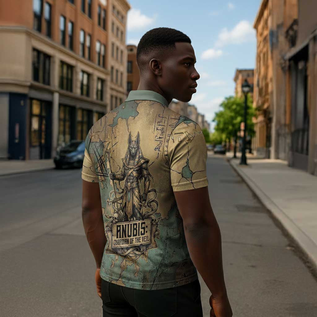 Anubis Zipper Polo Shirt Ancient Egyptian Aged Papyrus, Scales of Justice, and Egyptian Hieroglyph - African Pride