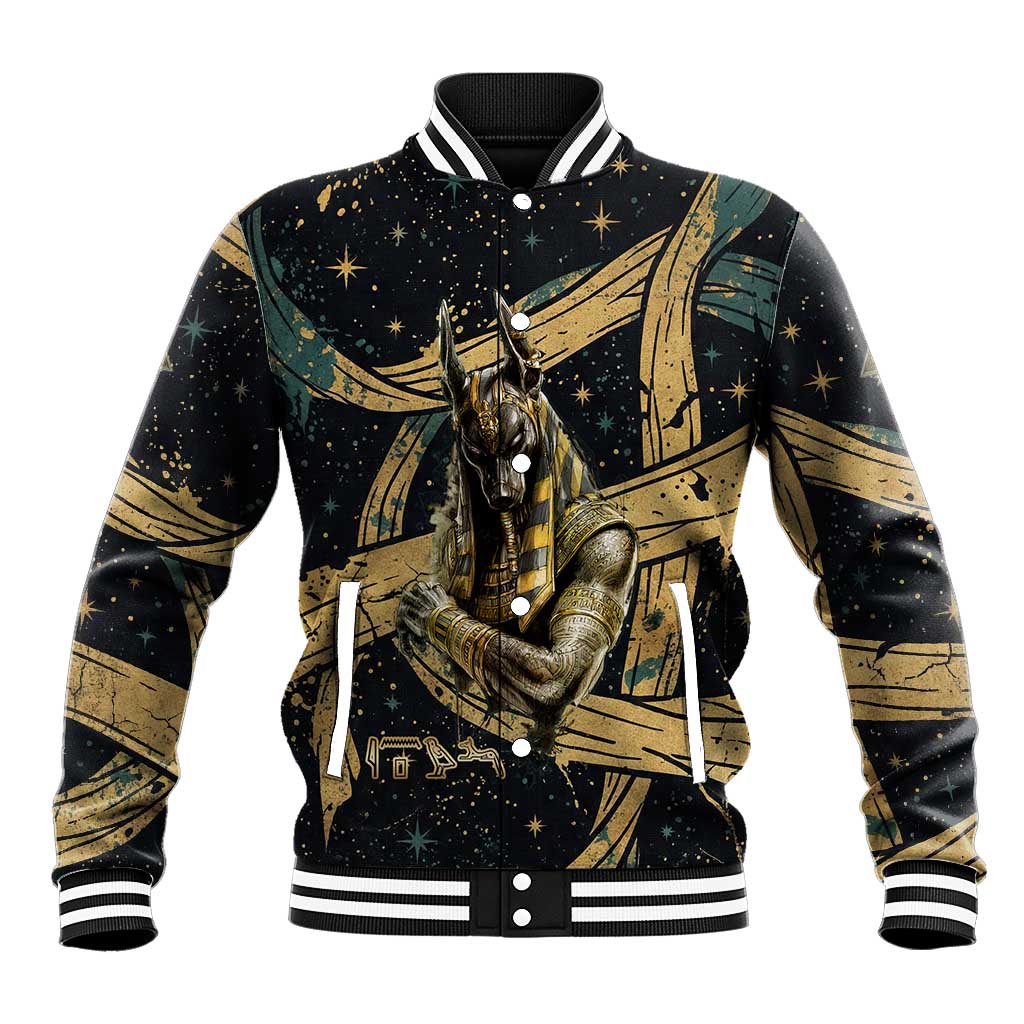Anubis Ancient Egyptian Baseball Jacket with Starry Mummy Wrap Pattern, Anubis Warrior Illustration, and Pyramid - African Pride