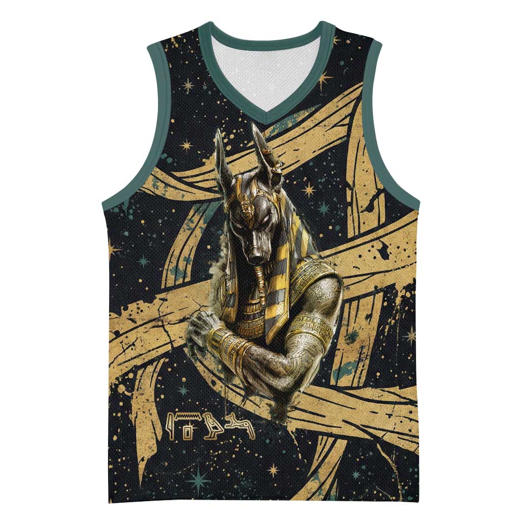 Anubis Ancient Egyptian Basketball Jersey with Starry Mummy Wrap Pattern, Anubis Warrior Illustration, and Pyramid - African Pride