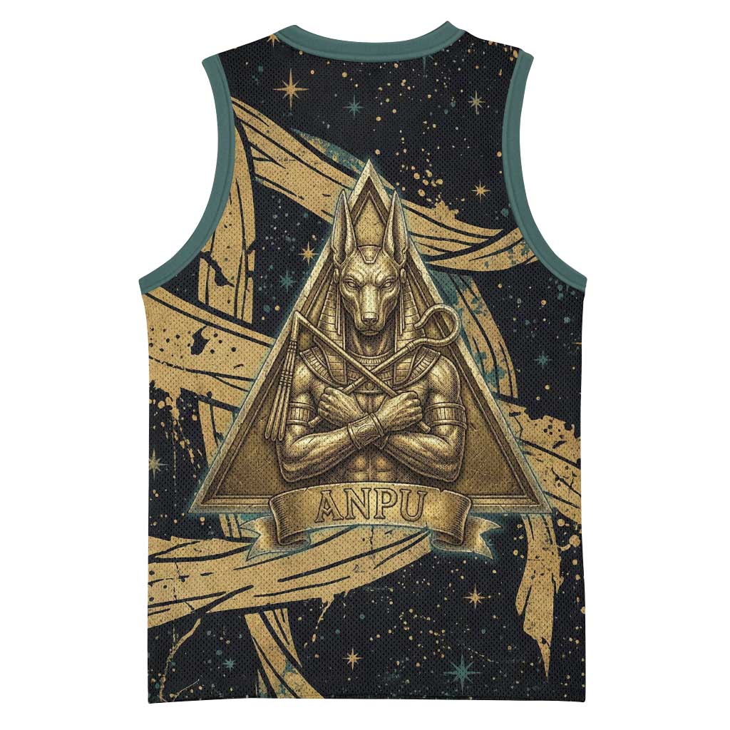 Anubis Ancient Egyptian Basketball Jersey with Starry Mummy Wrap Pattern, Anubis Warrior Illustration, and Pyramid - African Pride