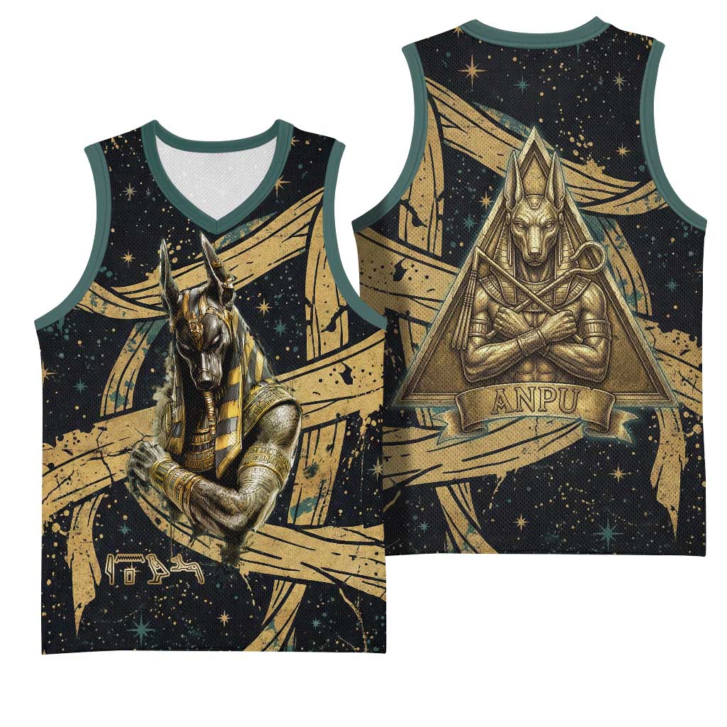 Anubis Ancient Egyptian Basketball Jersey with Starry Mummy Wrap Pattern, Anubis Warrior Illustration, and Pyramid - African Pride