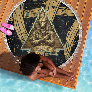 Anubis Ancient Egyptian Beach Blanket with Starry Mummy Wrap Pattern, Anubis Warrior Illustration, and Pyramid - African Pride