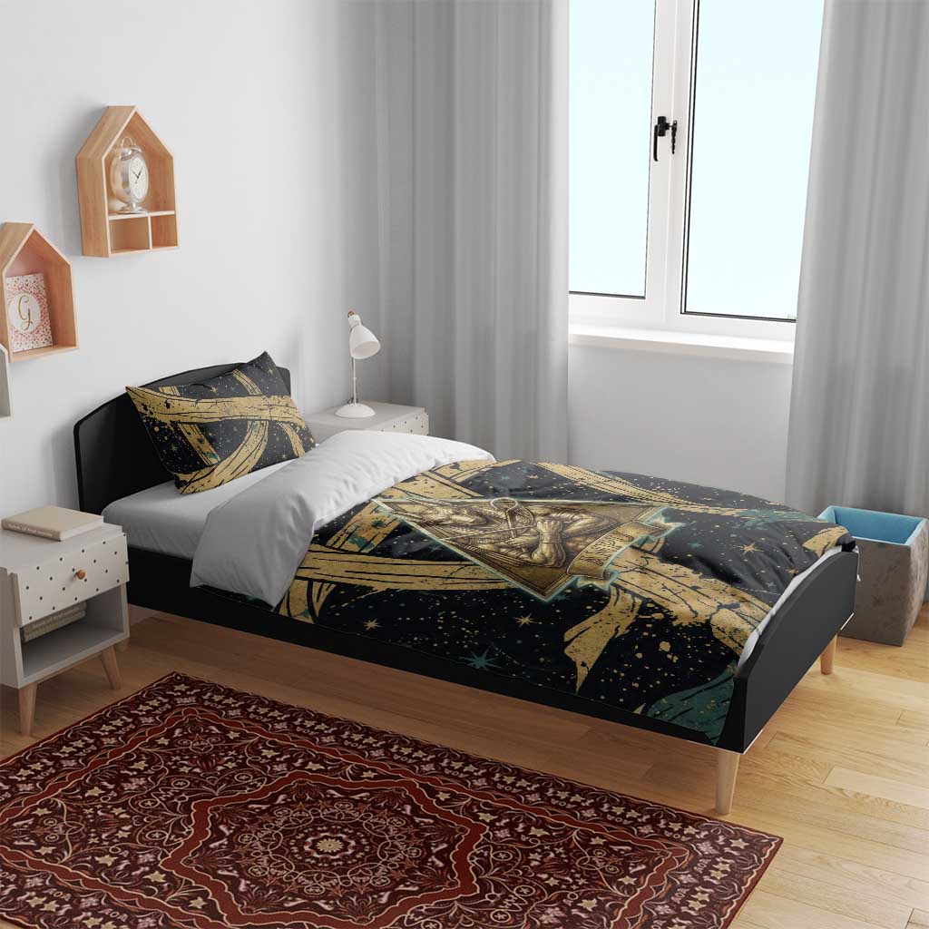 Anubis Ancient Egyptian Bedding Set with Starry Mummy Wrap Pattern, Anubis Warrior Illustration, and Pyramid - African Pride