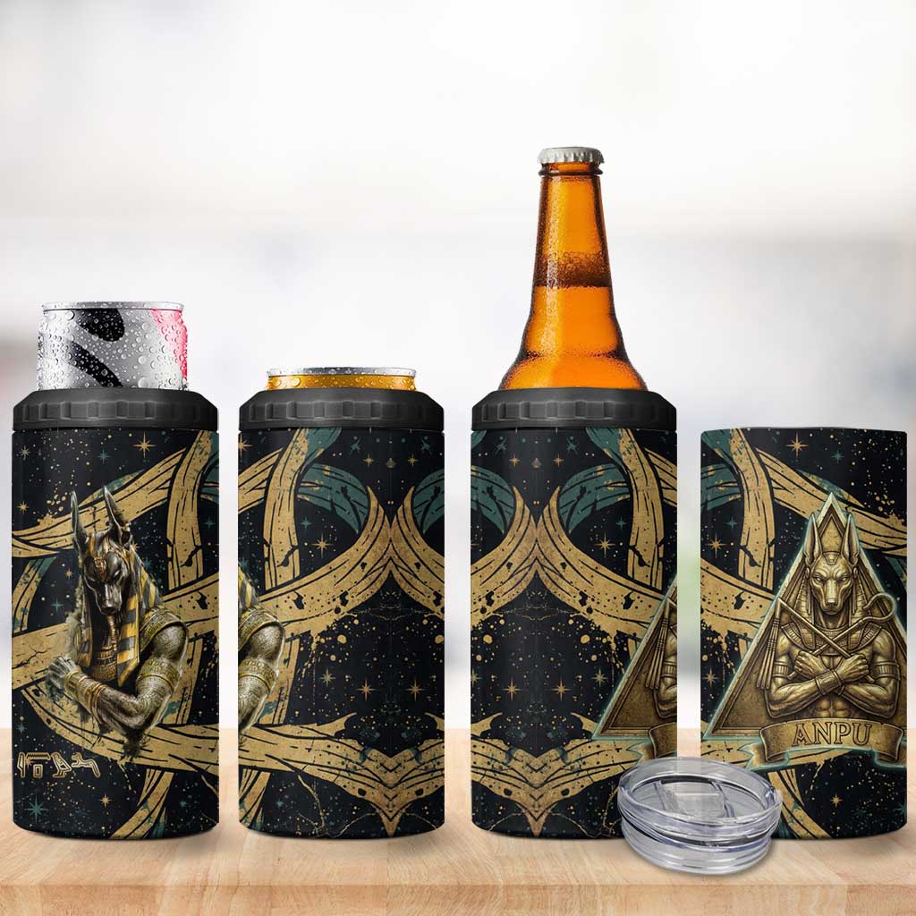 Anubis Ancient Egyptian 4 in 1 Can Cooler Tumbler with Starry Mummy Wrap Pattern, Anubis Warrior Illustration, and Pyramid - African Pride