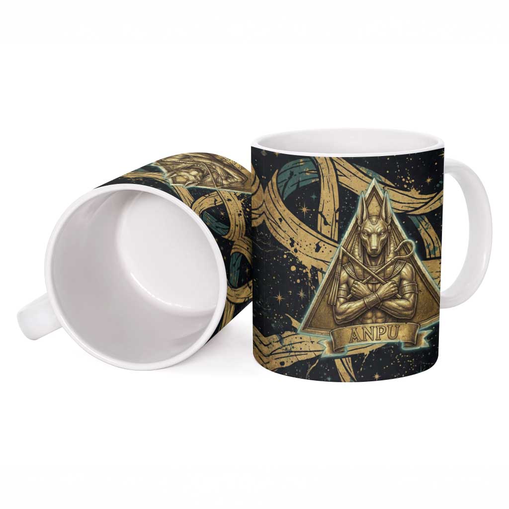 Anubis Ancient Egyptian Ceramic Mug with Starry Mummy Wrap Pattern, Anubis Warrior Illustration, and Pyramid - African Pride