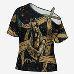 Anubis Ancient Egyptian Cross Shoulder Shirt with Starry Mummy Wrap Pattern, Anubis Warrior Illustration, and Pyramid - African Pride