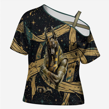 Anubis Ancient Egyptian Cross Shoulder Shirt with Starry Mummy Wrap Pattern, Anubis Warrior Illustration, and Pyramid - African Pride