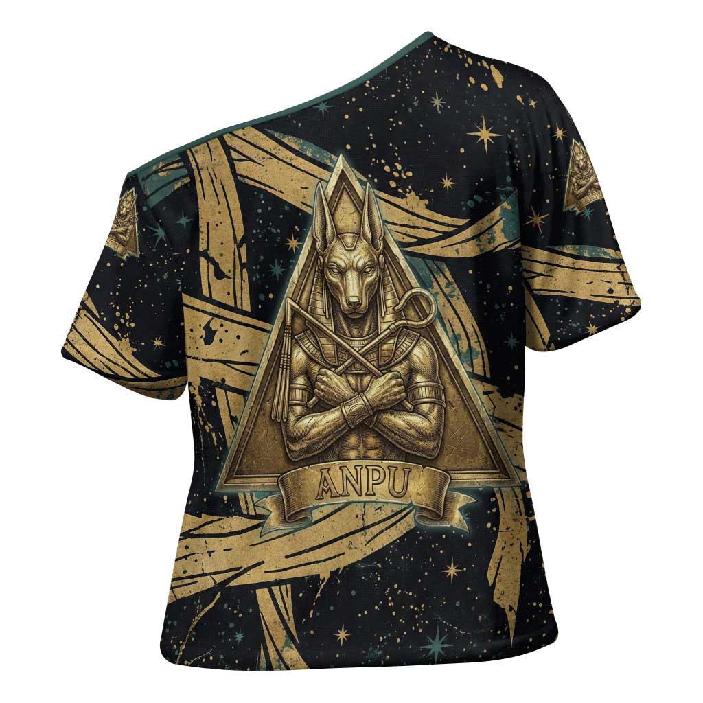 Anubis Ancient Egyptian Cross Shoulder Shirt with Starry Mummy Wrap Pattern, Anubis Warrior Illustration, and Pyramid - African Pride