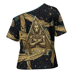 Anubis Ancient Egyptian Cross Shoulder Shirt with Starry Mummy Wrap Pattern, Anubis Warrior Illustration, and Pyramid - African Pride