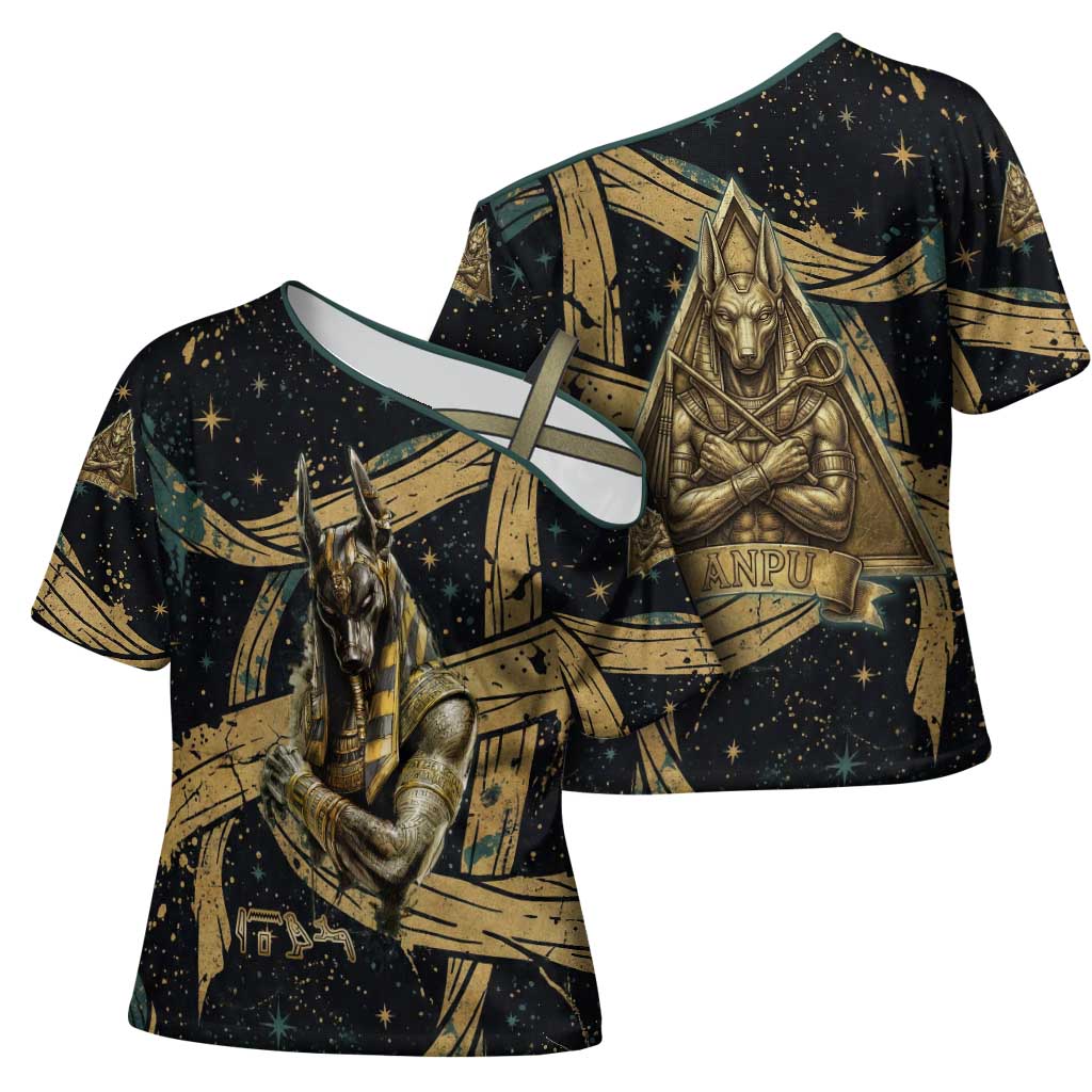 Anubis Ancient Egyptian Cross Shoulder Shirt with Starry Mummy Wrap Pattern, Anubis Warrior Illustration, and Pyramid - African Pride