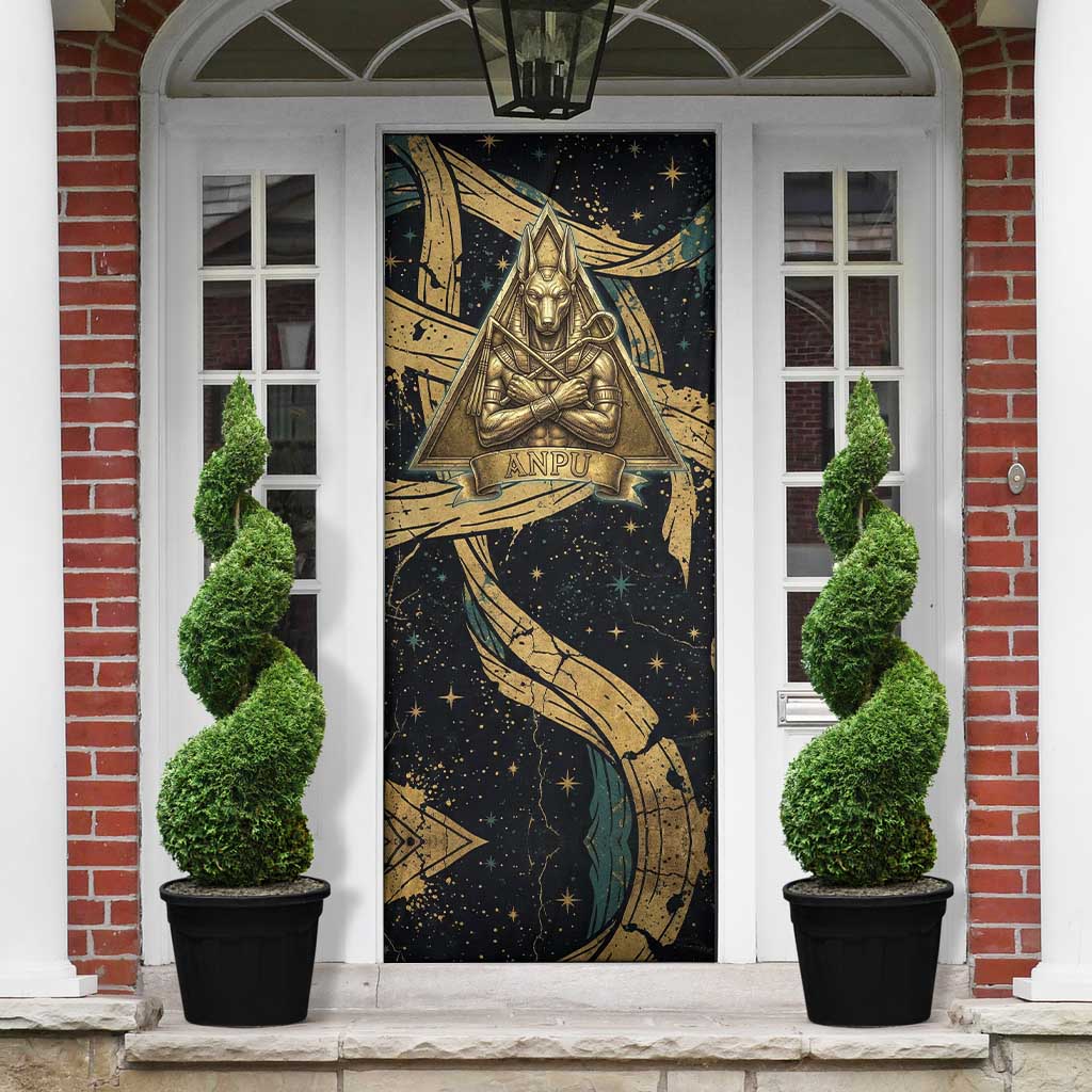 Anubis Ancient Egyptian Door Cover with Starry Mummy Wrap Pattern, Anubis Warrior Illustration, and Pyramid - African Pride