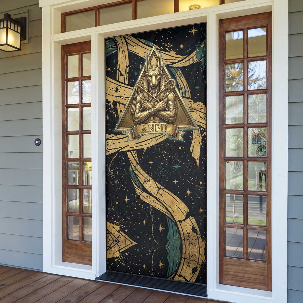 Anubis Ancient Egyptian Door Cover with Starry Mummy Wrap Pattern, Anubis Warrior Illustration, and Pyramid - African Pride