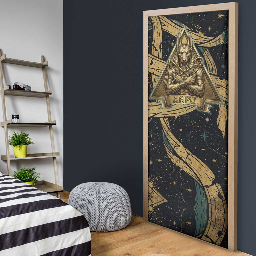 Anubis Ancient Egyptian Door Cover with Starry Mummy Wrap Pattern, Anubis Warrior Illustration, and Pyramid - African Pride