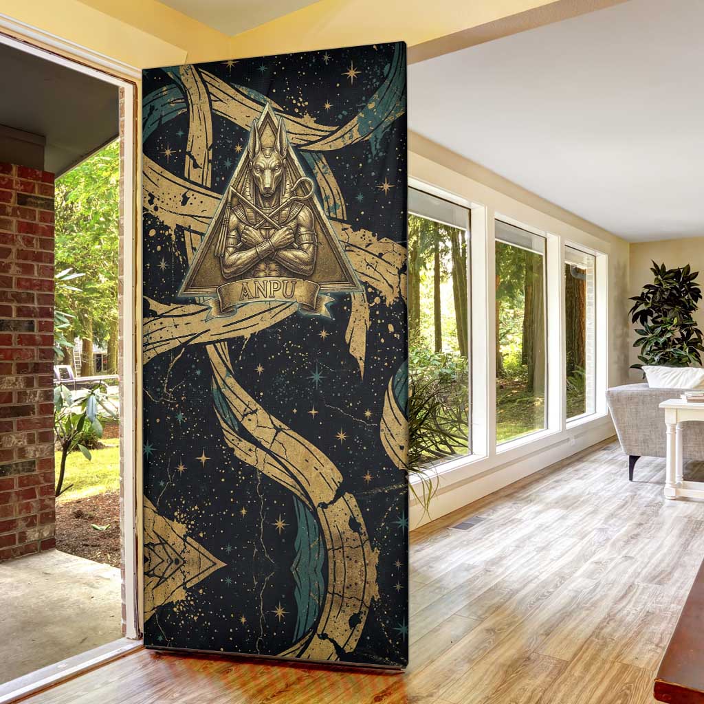 Anubis Ancient Egyptian Door Cover with Starry Mummy Wrap Pattern, Anubis Warrior Illustration, and Pyramid - African Pride