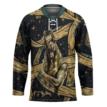 Anubis Ancient Egyptian Hockey Jersey with Starry Mummy Wrap Pattern, Anubis Warrior Illustration, and Pyramid - African Pride