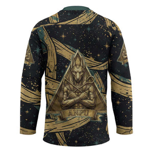 Anubis Ancient Egyptian Hockey Jersey with Starry Mummy Wrap Pattern, Anubis Warrior Illustration, and Pyramid - African Pride