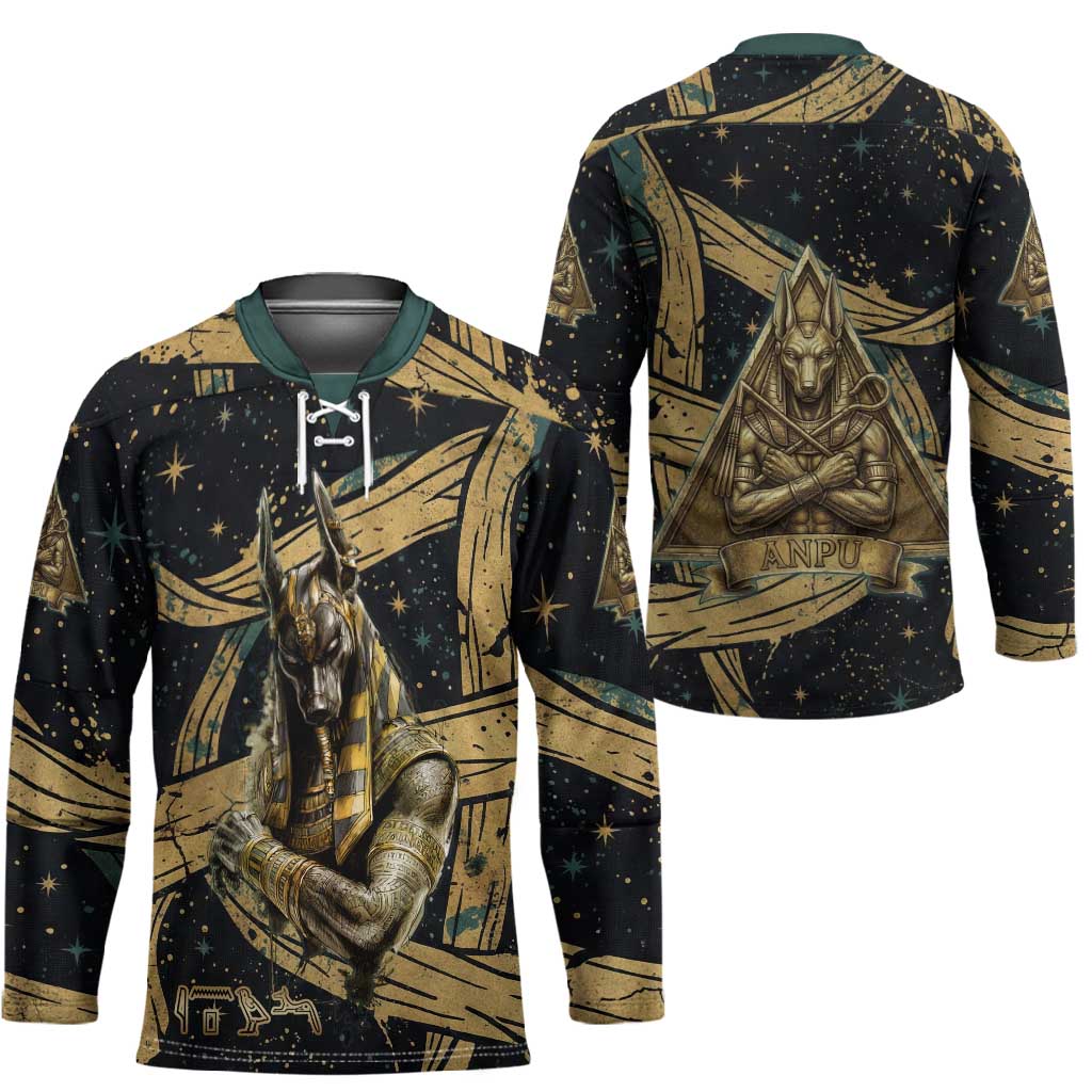 Anubis Ancient Egyptian Hockey Jersey with Starry Mummy Wrap Pattern, Anubis Warrior Illustration, and Pyramid - African Pride