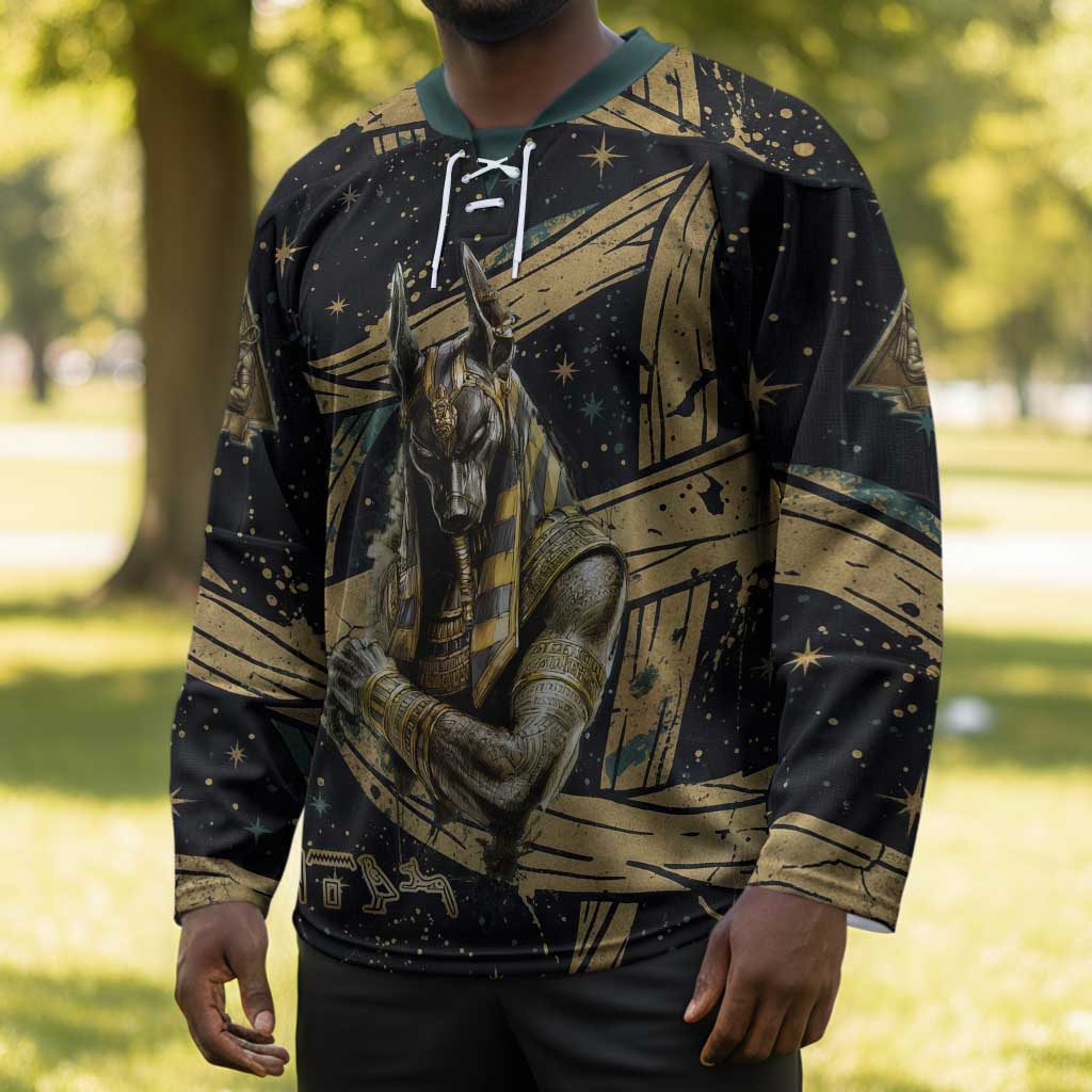 Anubis Ancient Egyptian Hockey Jersey with Starry Mummy Wrap Pattern, Anubis Warrior Illustration, and Pyramid - African Pride