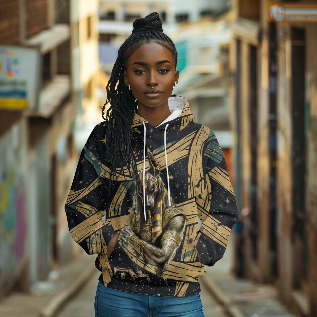 Anubis Ancient Egyptian Hoodie with Starry Mummy Wrap Pattern, Anubis Warrior Illustration, and Pyramid - African Pride