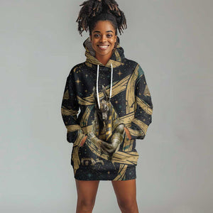 Anubis Ancient Egyptian Hoodie Dress with Starry Mummy Wrap Pattern, Anubis Warrior Illustration, and Pyramid - African Pride