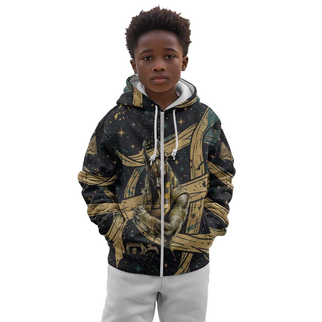 Anubis Ancient Egyptian Kid Hoodie with Starry Mummy Wrap Pattern, Anubis Warrior Illustration, and Pyramid - African Pride