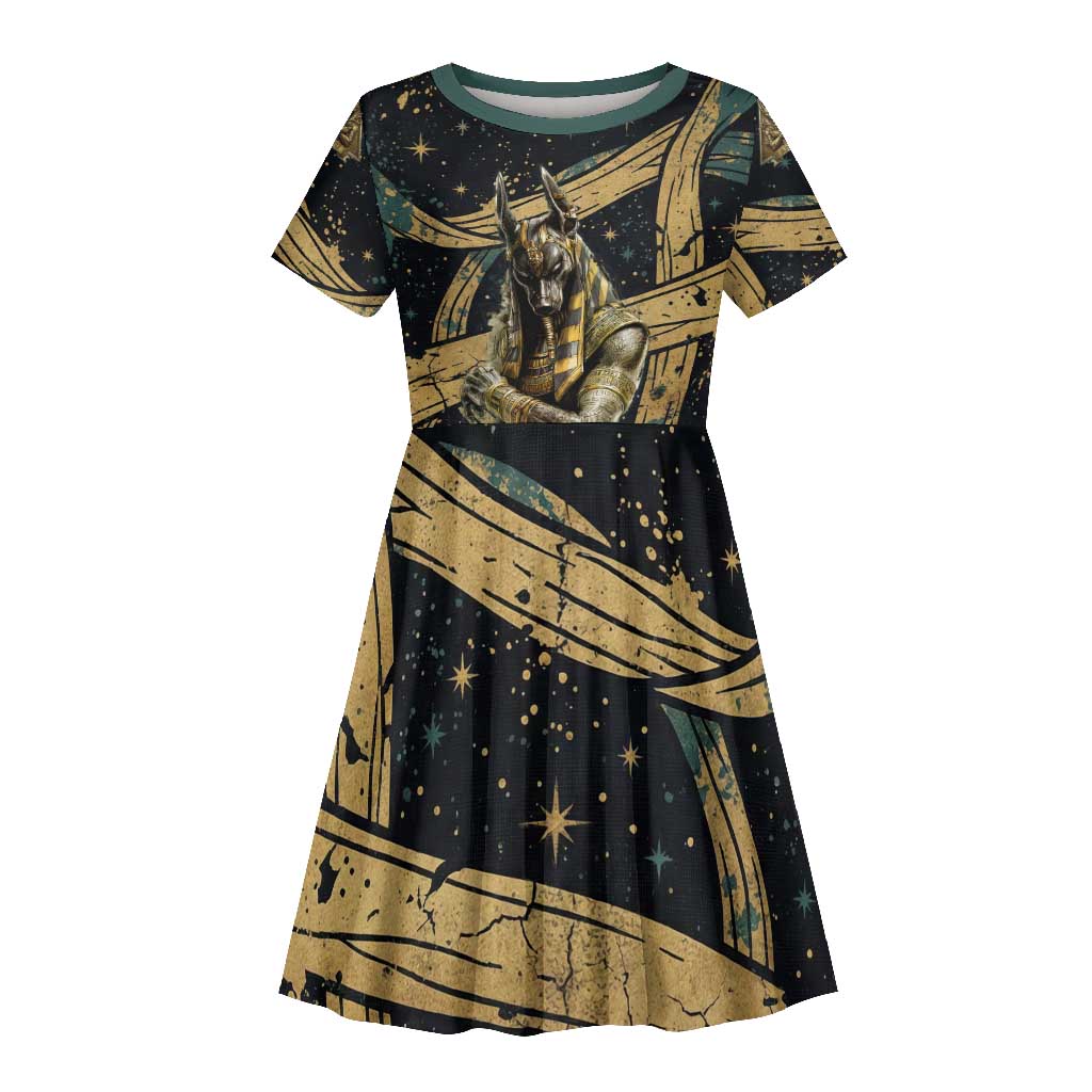 Anubis Ancient Egyptian Kid Short Sleeve Dress with Starry Mummy Wrap Pattern, Anubis Warrior Illustration, and Pyramid - African Pride