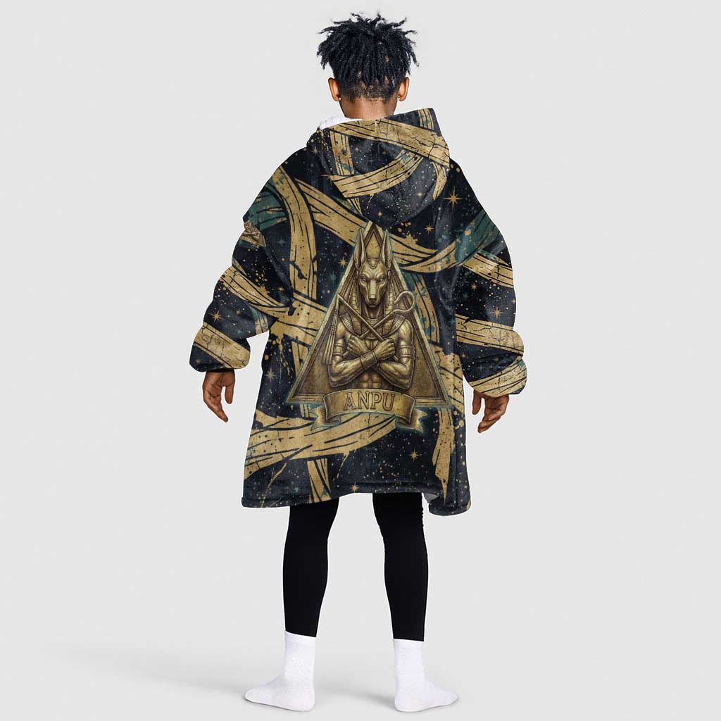 Anubis Ancient Egyptian Kid Wearable Blanket Hoodie with Starry Mummy Wrap Pattern, Anubis Warrior Illustration, and Pyramid - African Pride