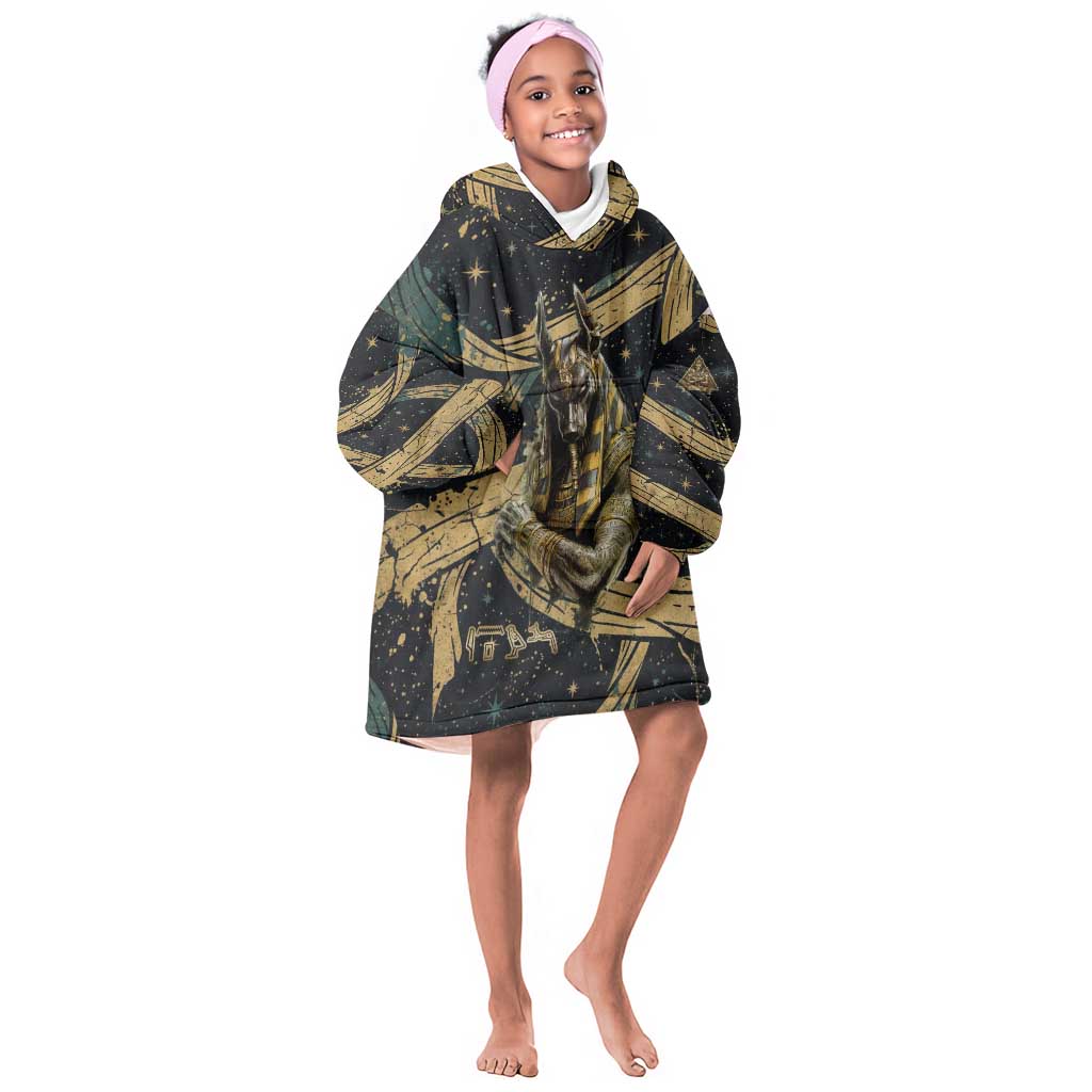 Anubis Ancient Egyptian Kid Wearable Blanket Hoodie with Starry Mummy Wrap Pattern, Anubis Warrior Illustration, and Pyramid - African Pride