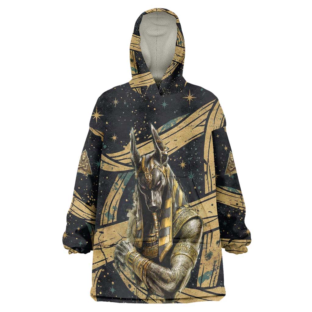 Anubis Ancient Egyptian Kid Wearable Blanket Hoodie with Starry Mummy Wrap Pattern, Anubis Warrior Illustration, and Pyramid - African Pride