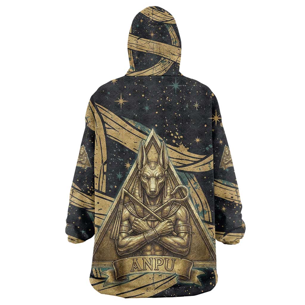 Anubis Ancient Egyptian Kid Wearable Blanket Hoodie with Starry Mummy Wrap Pattern, Anubis Warrior Illustration, and Pyramid - African Pride