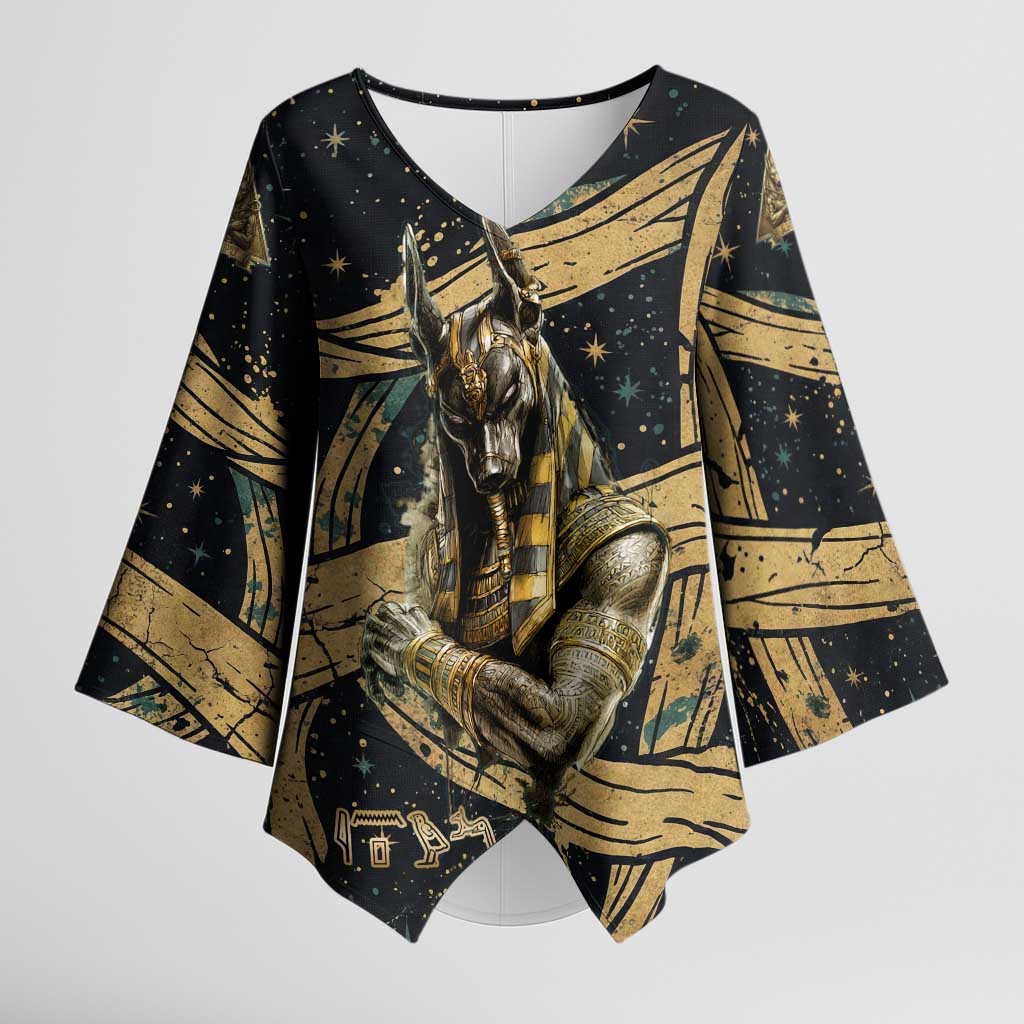 Anubis Ancient Egyptian Kimono Sleeve Blouse with Starry Mummy Wrap Pattern, Anubis Warrior Illustration, and Pyramid - African Pride