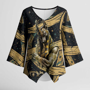 Anubis Ancient Egyptian Kimono Sleeve Blouse with Starry Mummy Wrap Pattern, Anubis Warrior Illustration, and Pyramid - African Pride