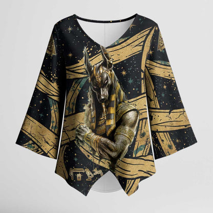Anubis Ancient Egyptian Kimono Sleeve Blouse with Starry Mummy Wrap Pattern, Anubis Warrior Illustration, and Pyramid - African Pride