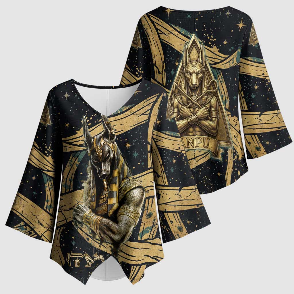 Anubis Ancient Egyptian Kimono Sleeve Blouse with Starry Mummy Wrap Pattern, Anubis Warrior Illustration, and Pyramid - African Pride