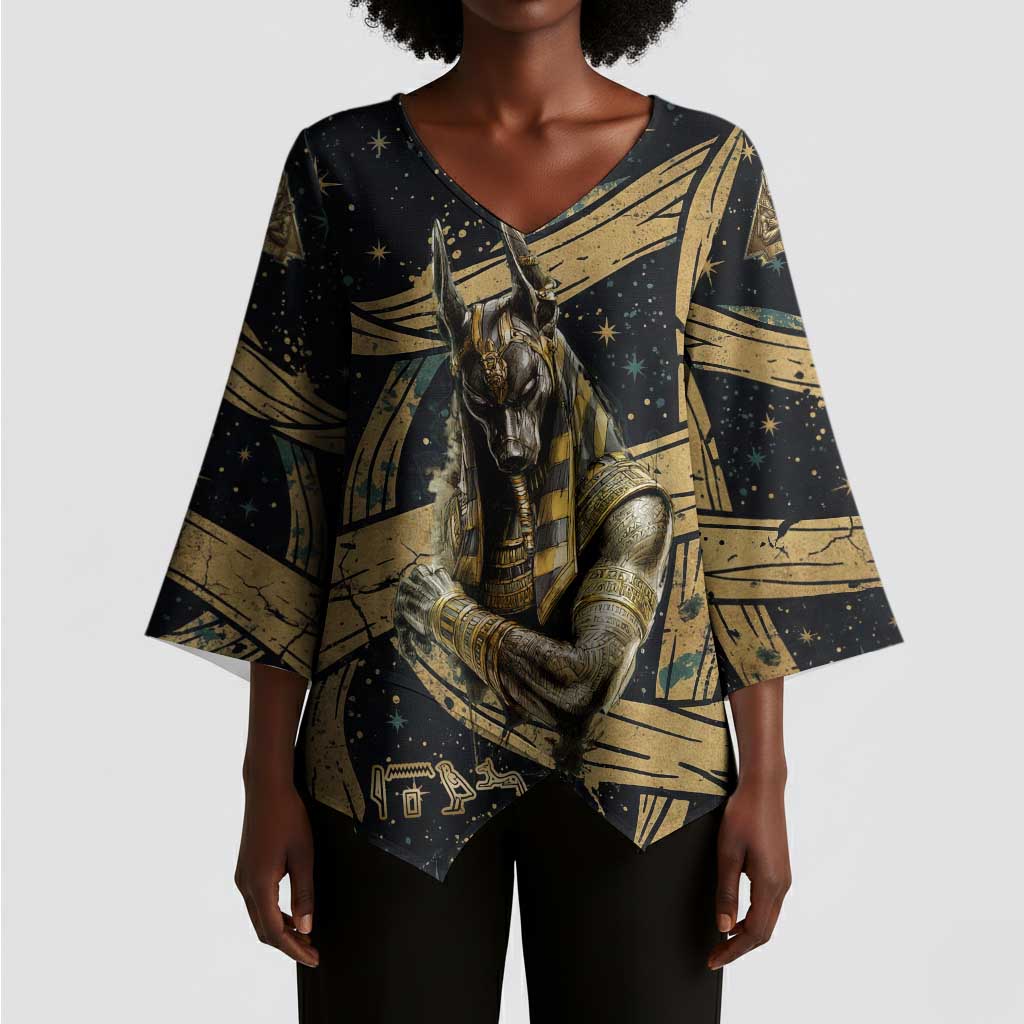 Anubis Ancient Egyptian Kimono Sleeve Blouse with Starry Mummy Wrap Pattern, Anubis Warrior Illustration, and Pyramid - African Pride